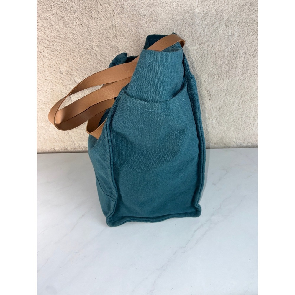 FEED Teal Canvas Tote Bag - Large - Faux Leather Straps Pockets Boho Eco Bag - Picture 8 of 10